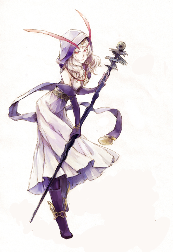 1girl antennae black_legwear dress forehead_jewel full_body gloves holding holding_staff hood jewelry long_hair looking_at_viewer necklace nemu_(isaya) purple_gloves purple_scarf red_eyes scarf simple_background solo sonorous_sky:_kenso_no_sora staff white_background white_dress white_hair