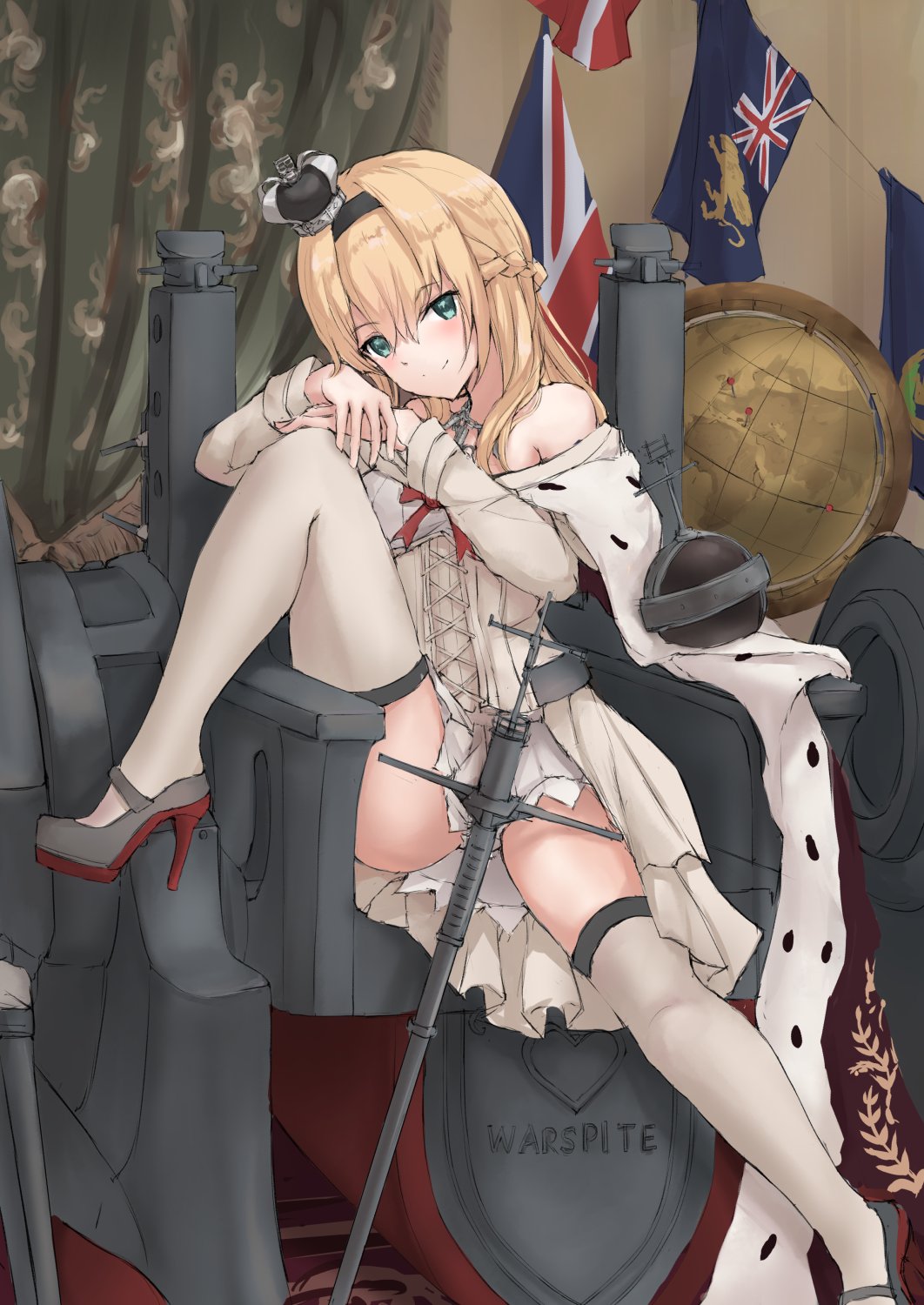 1girl bangs blonde_hair blue_eyes blush braid breasts character_name crown dress eyebrows_visible_through_hair flag french_braid globe globus_cruciger hairband high_heels highres jewelry k_jie kantai_collection long_hair long_sleeves mini_crown necklace off_shoulder red_neckwear rigging scepter sitting smile solo thigh-highs warspite_(kantai_collection)