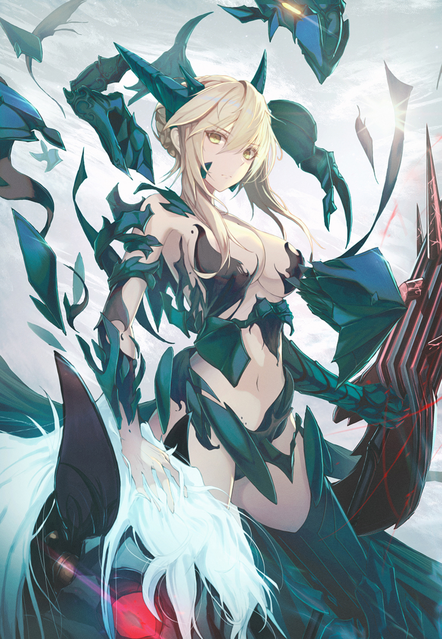 1girl armor artoria_pendragon_(all) artoria_pendragon_(lancer_alter) bangs blonde_hair breasts closed_mouth commentary_request eyebrows_visible_through_hair fate/grand_order fate_(series) hair_between_eyes highres horns inho_song large_breasts looking_at_viewer navel red_ribbon revealing_clothes revision ribbon solo thigh-highs yellow_eyes