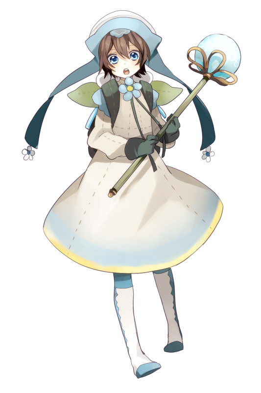 1girl :o black_gloves blue_eyes brown_hair dress flower full_body gloves hair_between_eyes hat holding holding_wand long_sleeves original short_hair simple_background solo sonorous_sky:_kenso_no_sora standing tama_(songe) wand white_background white_dress white_footwear