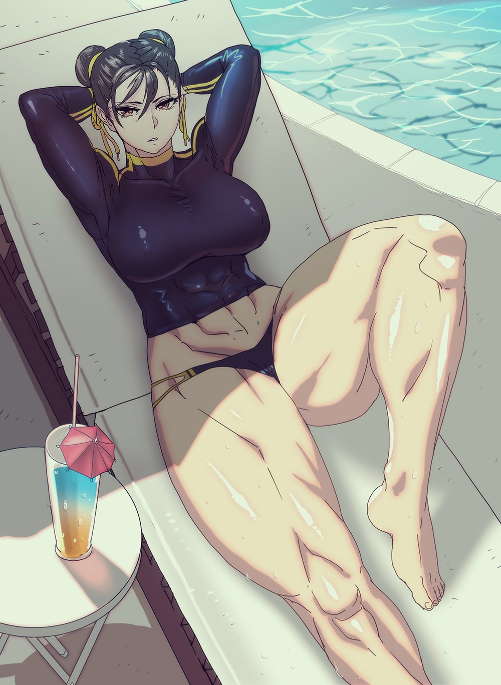 1girl abs arms_behind_head bare_legs beach_chair bikini_bottom breasts brown_eyes brown_hair butcherboy capcom chun-li cup double_bun drink drinking_glass drinking_straw highres large_breasts muscle muscular_female poolside resting street_fighter thick_thighs thighs