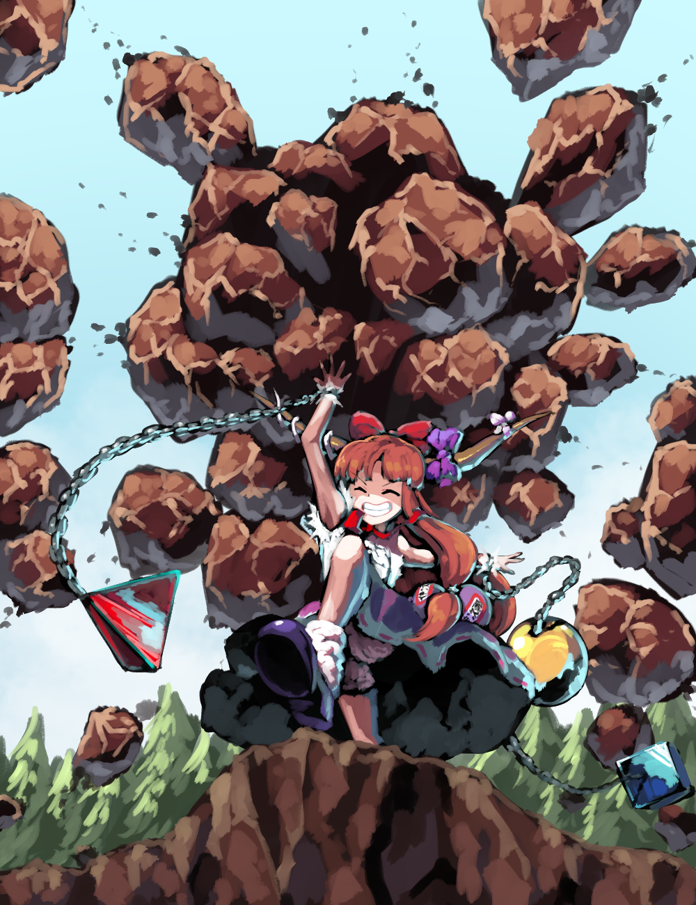 1girl arm_at_side arm_up bangs bloomers blue_bow blue_sky blunt_bangs bobby_socks boulder bow chain closed_eyes commentary_request cube cuffs day foreshortening forest from_behind from_below gourd grin hair_bow highres holding holding_rock horn_bow horn_ribbon horns ibuki_suika leg_up long_hair nature neck_ribbon ofuda orange_hair outdoors outstretched_arm outstretched_hand panties pantyshot partial_commentary purple_footwear purple_skirt pyramid_(geometry) red_bow red_ribbon ribbon ribbon-trimmed_skirt ribbon_trim rock shackles shirt shoes sidelocks skirt sky sleeveless sleeveless_shirt smile socks solo spell_card sphere standing standing_on_one_leg sunyup swept_bangs teeth torn_clothes torn_sleeves touhou underskirt underwear v-shaped_eyebrows very_long_hair white_legwear white_ribbon white_shirt wrist_cuffs
