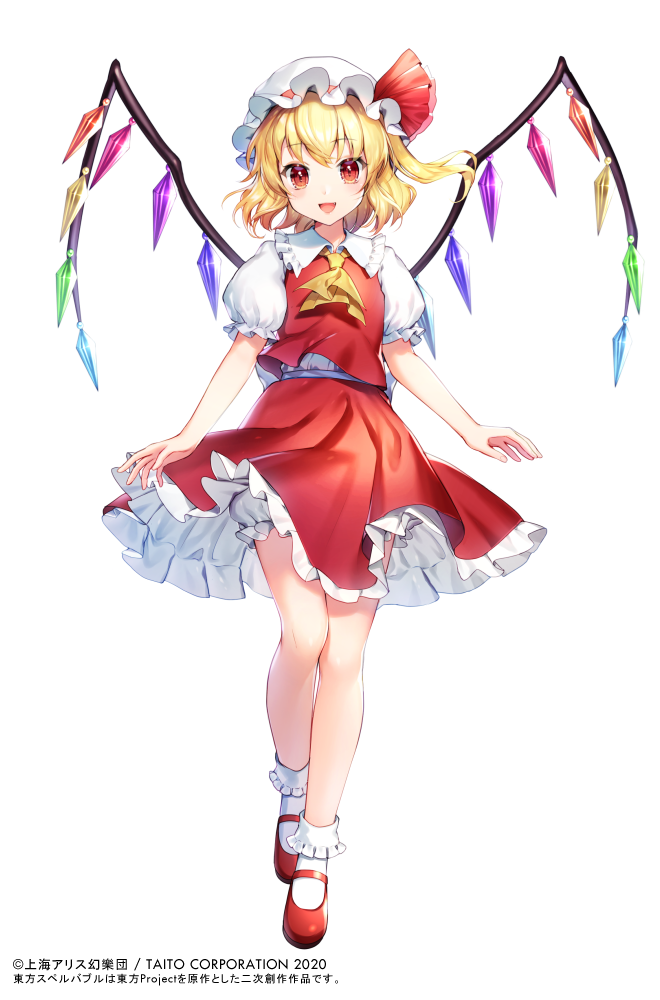 1girl :d bangs bare_legs blonde_hair bloomers blush bobby_socks commentary_request crystal eyebrows_visible_through_hair flandre_scarlet hat hat_ribbon looking_at_viewer mary_janes miniskirt mob_cap momoshiki_tsubaki one_side_up open_mouth petticoat puffy_short_sleeves puffy_sleeves red_eyes red_footwear red_ribbon red_skirt red_vest ribbon shirt shoes short_hair short_sleeves simple_background skirt skirt_set smile socks solo touhou translation_request underwear vest white_background white_bloomers white_headwear white_legwear white_shirt wings