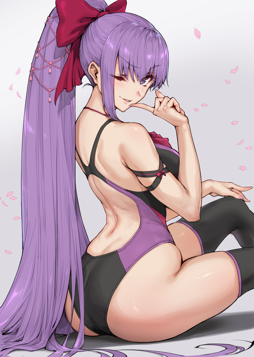 1girl ass bb_(fate)_(all) bb_(fate/extra_ccc) black_legwear bow breasts competition_swimsuit eyebrows_visible_through_hair fate/extra fate/extra_ccc fate_(series) finger_to_mouth grey_background hair_bow haoni high_ponytail highres large_breasts long_hair looking_back one-piece_swimsuit one_eye_closed open_mouth parted_lips ponytail purple_hair simple_background sitting sketch smile solo swimsuit thigh-highs v-shaped_eyebrows very_long_hair violet_eyes