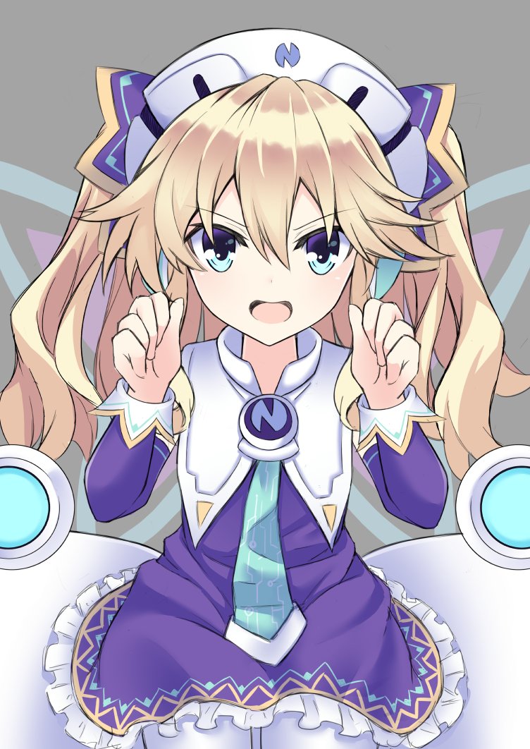 1girl bangs bare_shoulders blonde_hair blue_eyes blush dress hair_between_eyes hair_ornament hat histoire long_hair looking_at_viewer necktie neptune_(series) nijihasisiduki purple_dress sidelocks sitting smile solo twintails