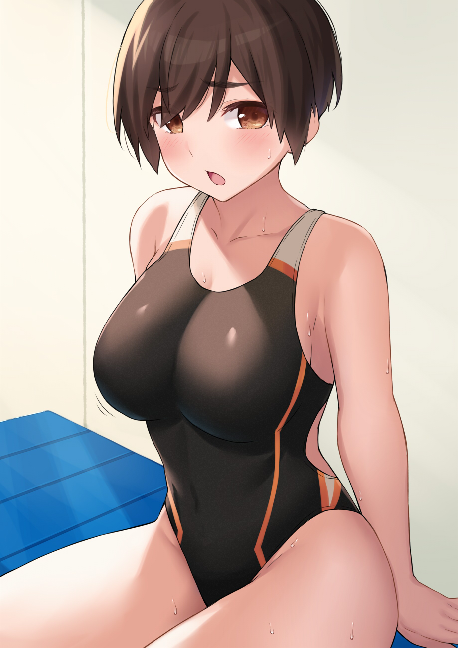 1girl arms_behind_back black_swimsuit blush breasts brown_eyes brown_hair cccpo collarbone competition_swimsuit eyebrows_visible_through_hair highres indoors large_breasts looking_at_viewer motion_lines one-piece_swimsuit open_mouth original short_hair sitting solo sweat swimsuit tomboy