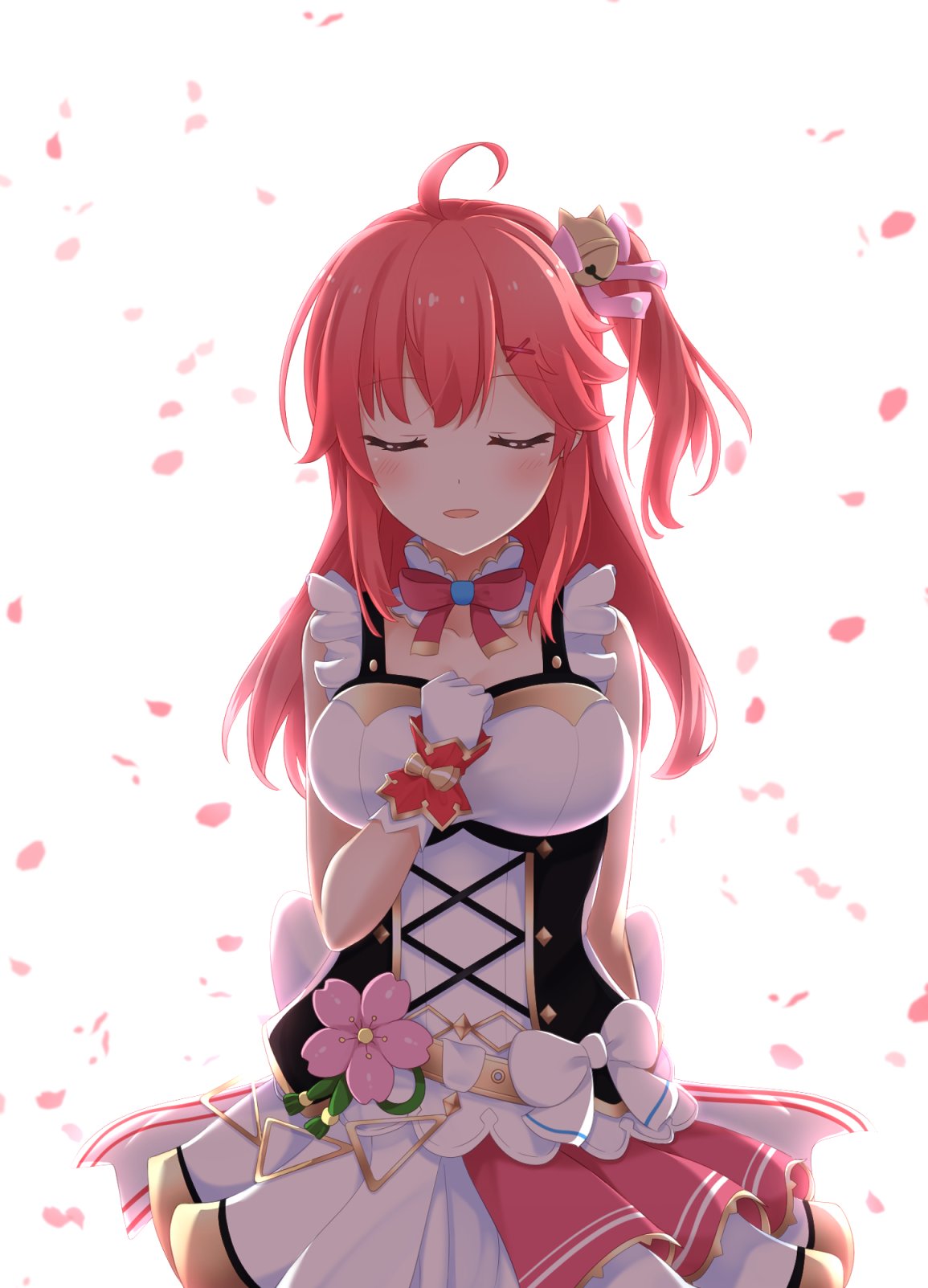 1girl ahoge alternate_costume bare_shoulders bell blush breasts cherry_blossoms closed_eyes collarbone frills gloves hair_bell hair_ornament highres hololive idol_clothes long_hair one_side_up open_mouth petals pink_hair rin_(0917608) sakura_miko solo virtual_youtuber white_background white_gloves