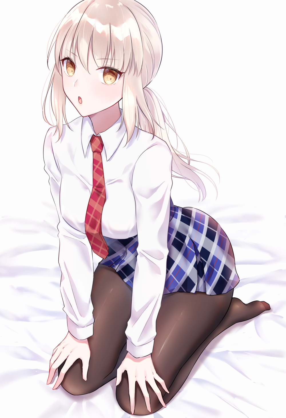 1girl artoria_pendragon_(all) bangs blonde_hair blue_skirt blush breasts brown_legwear collared_shirt contemporary dress_shirt fate/stay_night fate_(series) highres long_hair long_sleeves looking_at_viewer meltymaple necktie open_mouth pantyhose plaid plaid_skirt ponytail red_neckwear saber_alter seiza shirt sidelocks simple_background sitting skirt small_breasts solo thighs white_background white_shirt yellow_eyes