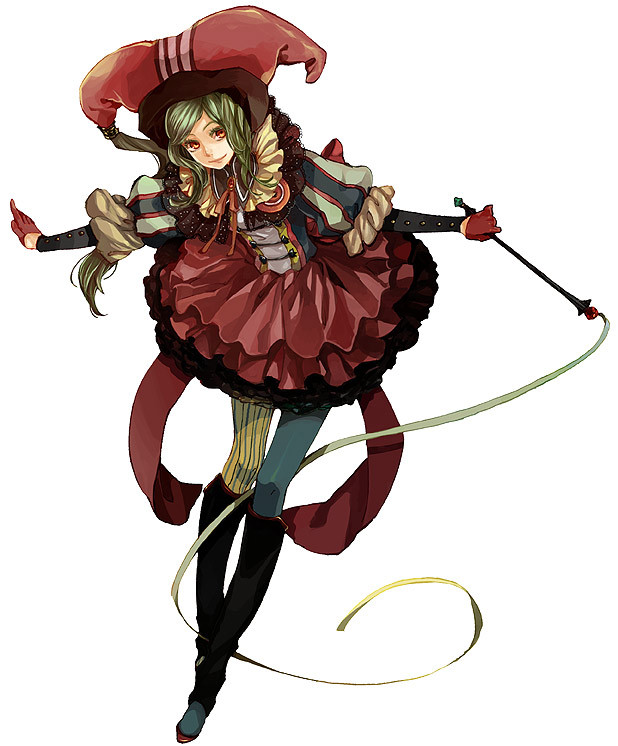 1girl black_legwear brown_eyes dress full_body gloves green_hair gymnastics hat jester_cap kneehighs kunimitsu long_hair original pantyhose puffy_sleeves red_gloves rhythmic_gymnastics simple_background standing striped striped_legwear wand white_background