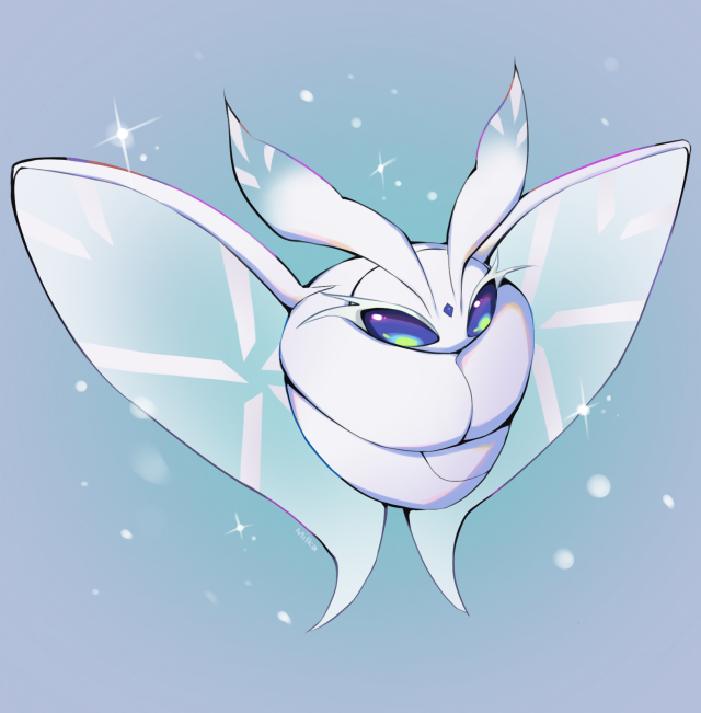 blue_background bug commentary creature english_commentary flying frosmoth full_body gen_8_pokemon insect milka_(milk4ppl) moth pokemon pokemon_(creature) solo sparkle violet_eyes white_theme