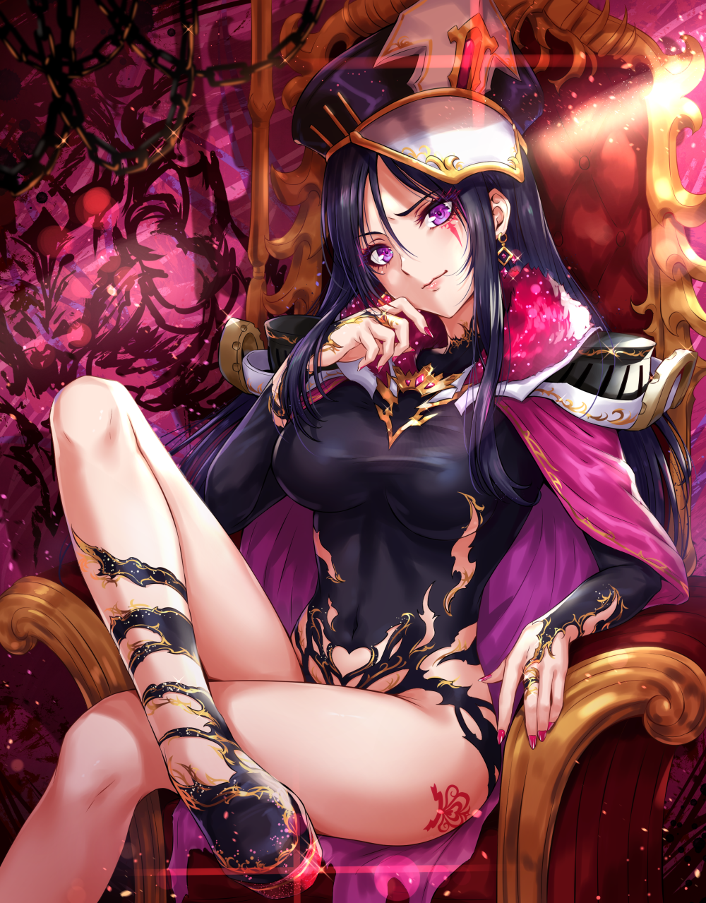 1girl black_hair breasts cape closed_mouth crossed_legs dominatrix earrings facial_mark hat highres jewelry large_breasts leotard long_hair looking_at_viewer official_art pauldrons peaked_cap queen's_blade queen's_blade_white_triangle sakiyamama sidelocks sitting solo tattoo taut_leotard violet_eyes