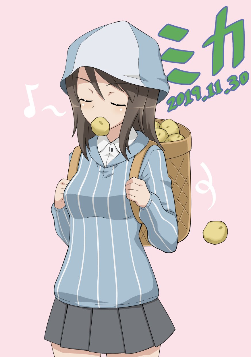 1girl backpack bag basket blue_headwear blue_shirt brown_hair character_name closed_eyes dated dress_shirt eighth_note food_in_mouth girls_und_panzer grey_skirt hat highres keizoku_school_uniform long_hair long_sleeves mika_(girls_und_panzer) miniskirt mouth_hold musical_note nao_(nao_puku777) pink_background pleated_skirt potato school_uniform shirt simple_background skirt solo standing striped striped_shirt translated vertical-striped_shirt vertical_stripes white_shirt