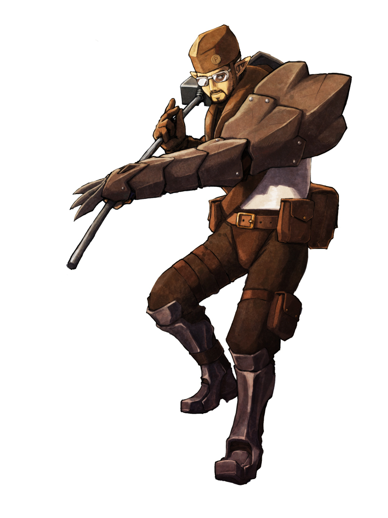 1boy belt belt_pouch boots brown_gloves brown_headwear claw_(weapon) copyright_request facial_hair fighting_stance full_body gauntlets gloves goatee greaves hammer holding holding_hammer hp23 mustache original pointy_ears pouch simple_background solo standing thigh_pouch weapon white_background