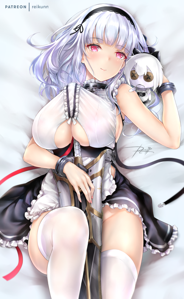 1girl anchor_choker apron azur_lane between_breasts black_hairband breasts center_frills choker closed_mouth dido_(azur_lane) frilled_choker frills hairband lace-trimmed_hairband lying maid maid_apron on_back pink_eyes rei_kun smile sword thighs underboob_cutout waist_apron weapon white_apron white_hair