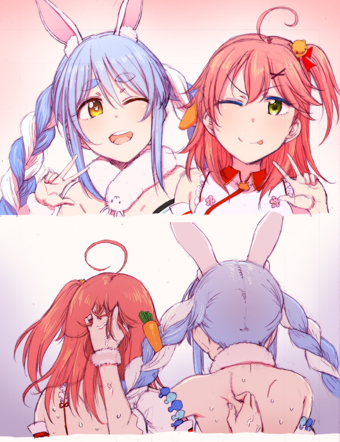 2girls 3e ;p ahoge animal_ear_fluff animal_ears bare_back bare_shoulders bell blue_hair braid bunny_girl carrot carrot_hair_ornament cherry_blossoms extra_ears eyebrows eyebrows_visible_through_hair food_themed_hair_ornament green_eyes hair_bell hair_between_eyes hair_ornament hair_pull hairclip hololive long_braid long_hair multicolored_hair multiple_girls one_eye_closed open_mouth pinching pink_hair rabbit_ears sakura_miko scarf shoulder_blades sweat symbol-shaped_pupils tongue tongue_out twin_braids two-tone_hair upper_teeth usada_pekora veins virtual_youtuber w white_hair yellow_eyes