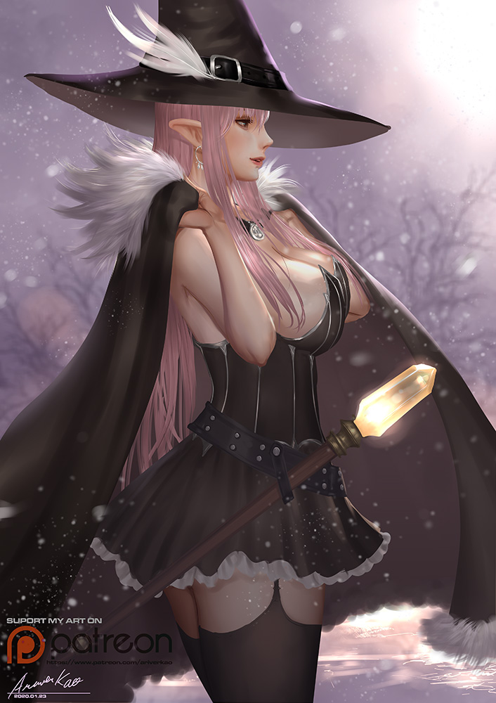 1girl ariverkao bangs black_legwear blurry blurry_background breasts brown_eyes choker cloak cowboy_shot dated dress earrings fur_trim hat jewelry large_breasts lips long_hair original outdoors patreon_logo pink_hair pointy_ears profile signature solo strapless strapless_dress thigh-highs witch_hat