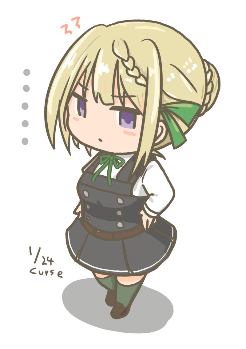 1girl artist_name blonde_hair braid braided_bun commentary_request cosplay curse_(023) dated dress full_body green_ribbon kantai_collection kasumi_(kantai_collection) kasumi_(kantai_collection)_(cosplay) long_sleeves looking_at_viewer neck_ribbon perth_(kantai_collection) pinafore_dress remodel_(kantai_collection) ribbon school_uniform short_hair solo standing violet_eyes