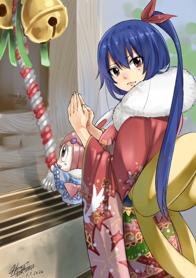 1girl 2020 bangs bell blue_hair bow closed_mouth eden's_zero eyebrows_visible_through_hair floral_print from_side fur-trimmed_kimono fur_trim furisode hair_between_eyes hair_bow high_ponytail japanese_clothes kimono lavilla_christi long_hair long_sleeves looking_at_viewer mashima_hiro mole mole_under_eye official_art print_kimono red_bow red_eyes red_kimono shiny shiny_hair signature solo temple very_long_hair wide_sleeves