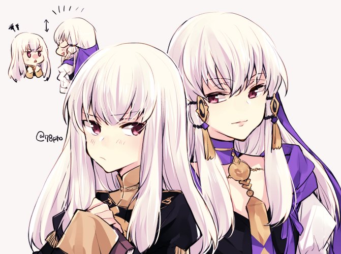 2girls age_comparison closed_eyes closed_mouth fire_emblem fire_emblem:_three_houses garreg_mach_monastery_uniform hair_ornament long_hair long_sleeves lysithea_von_ordelia multiple_girls naho_(pi988y) open_mouth pink_eyes simple_background twitter_username uniform upper_body white_background white_hair