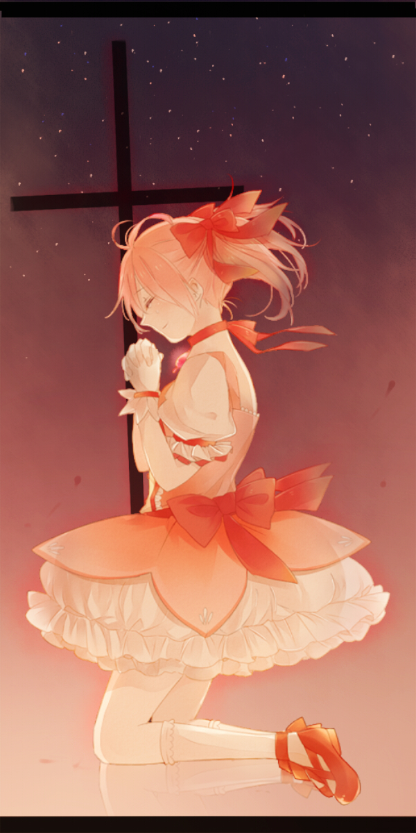1girl ankle_ribbon black_background breasts bubble_skirt choker commentary_request cross dark_background eyebrows_visible_through_hair frilled_skirt frilled_sleeves frills from_side full_body glowing gradient gradient_background hair_ribbon hands_clasped happy_tears highres interlocked_fingers kaname_madoka kneeling letterboxed mahou_shoujo_madoka_magica night night_sky own_hands_together pink_background pink_hair praying profile puffy_short_sleeves puffy_sleeves red_footwear red_ribbon reflection ribbon ribbon_choker short_sleeves short_twintails sideboob sidelocks skirt sky small_breasts smile socks solo soul_gem star_(sky) starry_sky tears twintails white_legwear white_skirt yori_(y_rsy)
