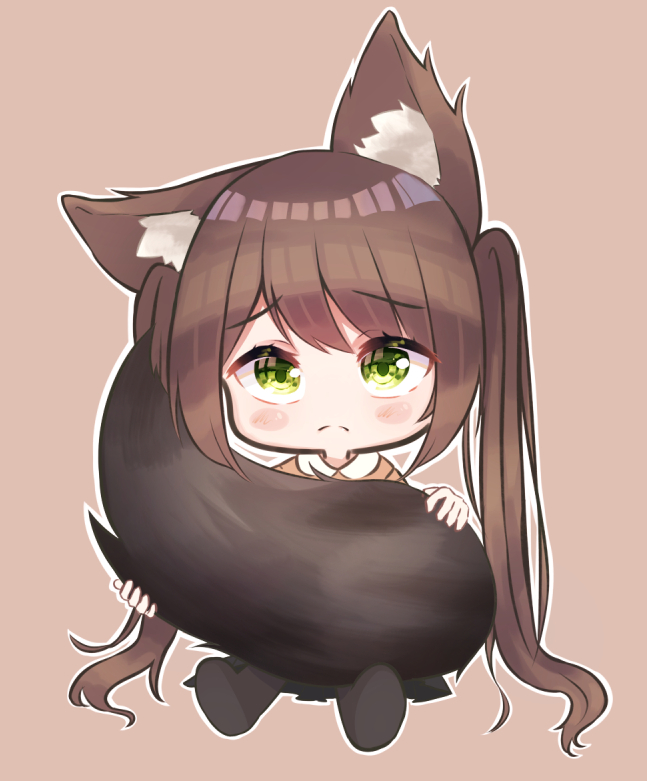 1girl animal_ear_fluff animal_ears bangs black_legwear black_skirt blush_stickers brown_background brown_hair brown_shirt chibi closed_mouth collared_shirt commentary eyebrows_visible_through_hair frown full_body green_eyes hair_between_eyes holding_tail long_hair looking_at_viewer no_shoes original romaji_commentary shiro_(acad1213) shirt simple_background sitting skirt soles solo tail very_long_hair