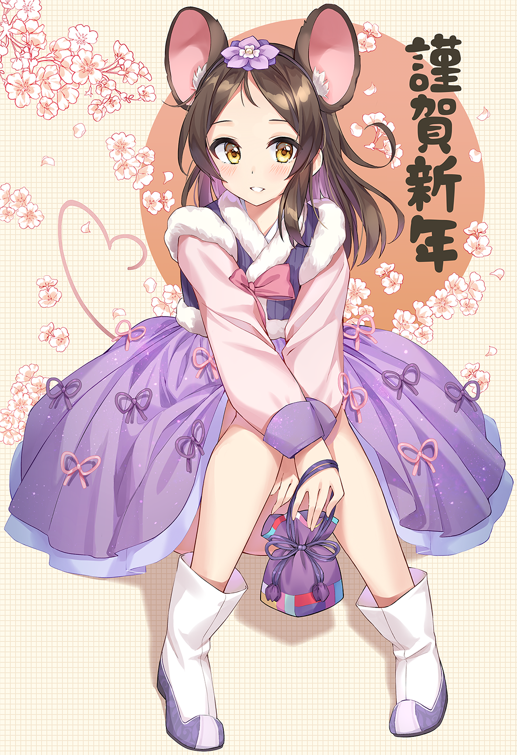 1girl animal_ear_fluff animal_ears ayase_honoka bangs blush boots brown_hair chinese_zodiac chobi_(penguin_paradise) commentary_request flower hair_flower hair_ornament highres idolmaster idolmaster_cinderella_girls kemonomimi_mode knees_up long_hair long_sleeves looking_at_viewer mouse_ears mouse_girl mouse_tail multicolored_hair parted_bangs parted_lips pink_hair pink_ribbon purple_flower purple_ribbon purple_skirt ribbon sitting skirt smile solo tail translation_request two-tone_hair white_flower white_footwear year_of_the_rat yellow_eyes