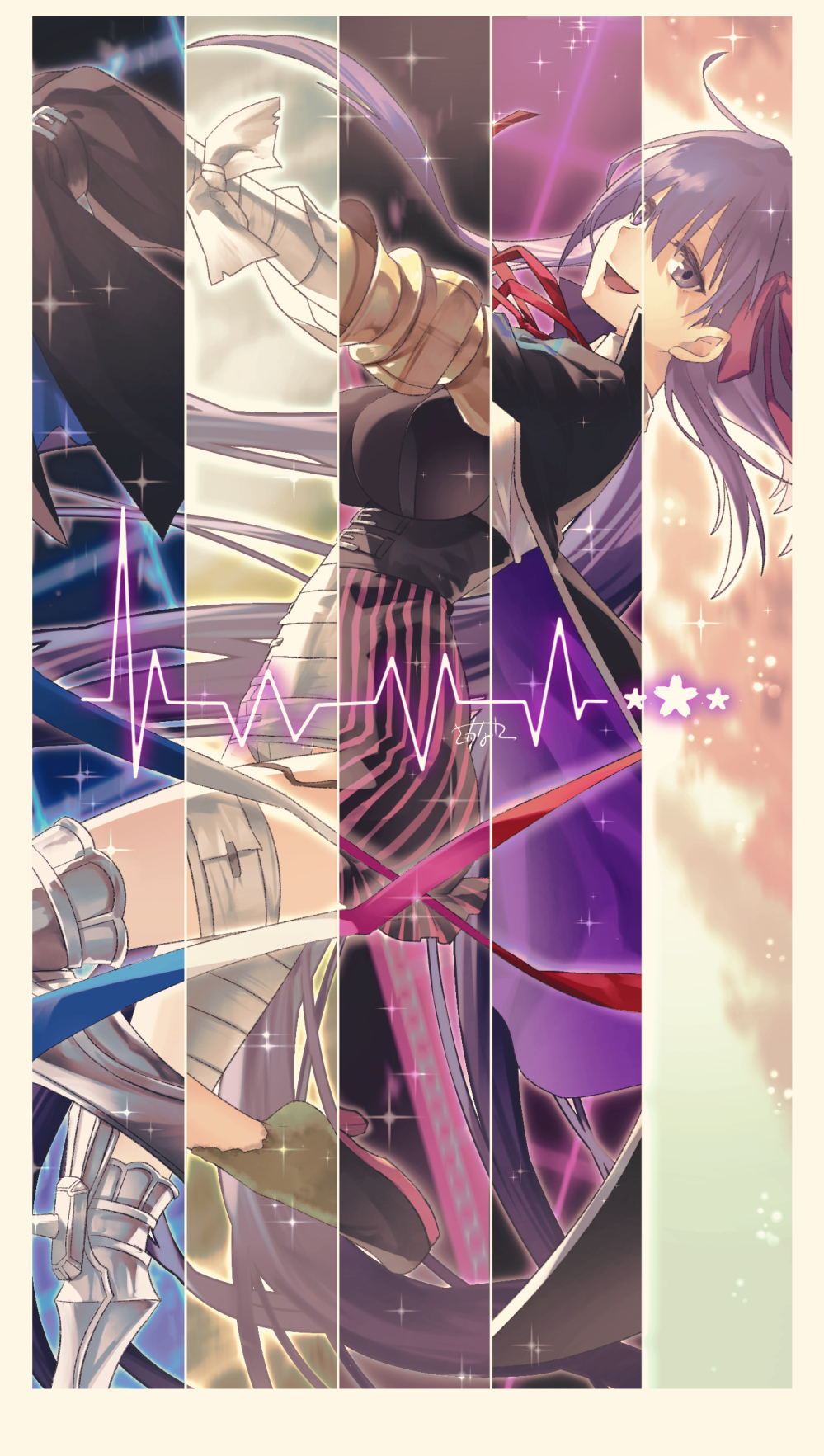 5girls armored_boots bandaged_arm bandaged_leg bandages bangs bb_(fate)_(all) bb_(fate/extra_ccc) belt black_coat black_shirt blue_ribbon blush boots breasts claw_(weapon) coat fate/extra fate/extra_ccc fate/grand_order fate_(series) hair_ribbon highres kingprotea large_breasts legs lifeline long_hair long_sleeves looking_at_viewer matou_sakura meltryllis moss multiple_girls multiple_persona neck_ribbon open_clothes open_coat open_mouth passion_lip pink_ribbon popped_collar prosthesis prosthetic_leg puffy_shorts purple_hair purple_ribbon red_ribbon ribbon sakanahen shirt shorts sleeves_past_fingers sleeves_past_wrists smile sparkle striped striped_shorts very_long_hair violet_eyes weapon