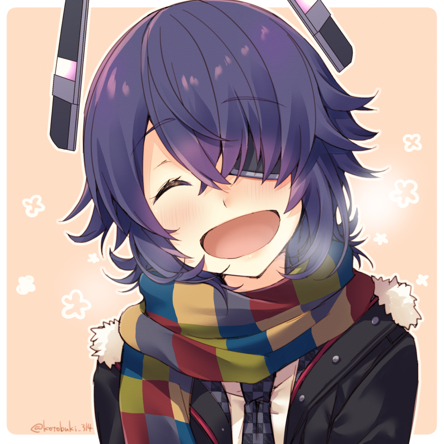 1girl ^_^ ^o^ artist_name blush checkered checkered_neckwear closed_eyes eyebrows_visible_through_hair eyepatch facing_viewer fur-trimmed_jacket fur_trim jacket kantai_collection kotobuki_(momoko_factory) messy_hair necktie open_mouth purple_hair scarf short_hair smile solo tenryuu_(kantai_collection) twitter_username upper_body