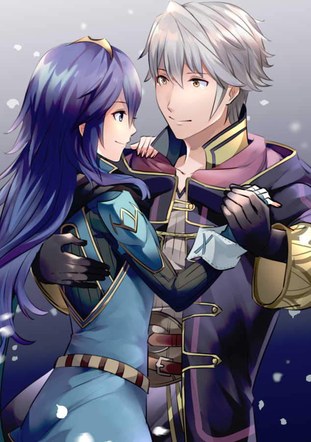 1boy 1girl ameno_(a_meno0) bangs belt blue_background blue_dress blue_eyes blue_gloves blue_hair blue_shirt collarbone collared_shirt commentary_request couple dancing dress eyelashes fingerless_gloves fire_emblem fire_emblem:_kakusei fire_emblem_13 fire_emblem_awakening from_side gloves gold_trim gradient gradient_background grey_background grey_shirt hair_between_eyes hand_on_another's_back hand_on_another's_shoulder holding_hands intelligent_systems looking_at_another lucina lucina_(fire_emblem) male_my_unit_(fire_emblem:_kakusei) my_unit_(fire_emblem:_kakusei) nintendo purple_robe reflet reflet_(boy) ribbed_sweater robe robin_(fire_emblem) robin_(fire_emblem)_(male) shiny shiny_hair shirt shoulder_armor sidelocks silver_hair smile snowing sweater tiara upper_body yellow_eyes