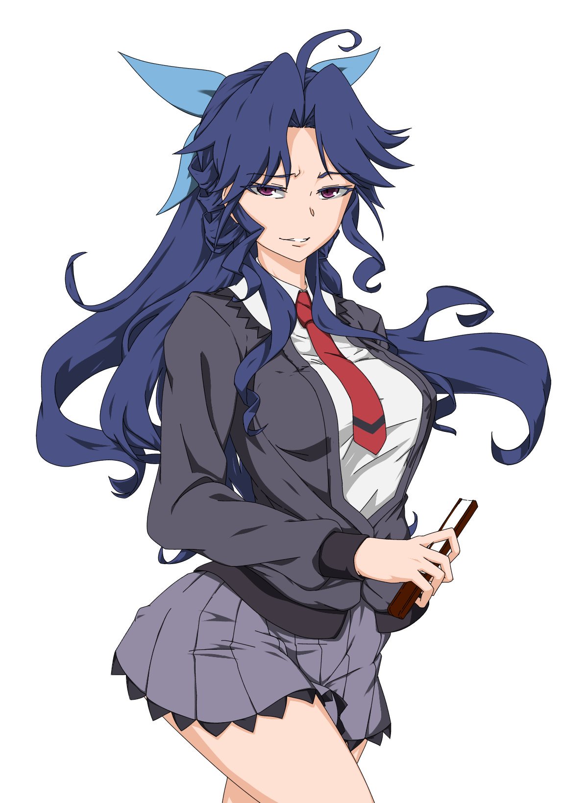 1girl blue_hair breasts commentary commentary_request highres large_breasts lydian_academy_uniform miniskirt nastassja_sergeyevna_tolstaya necktie salmon_flake00 school_uniform senki_zesshou_symphogear skirt smug younger