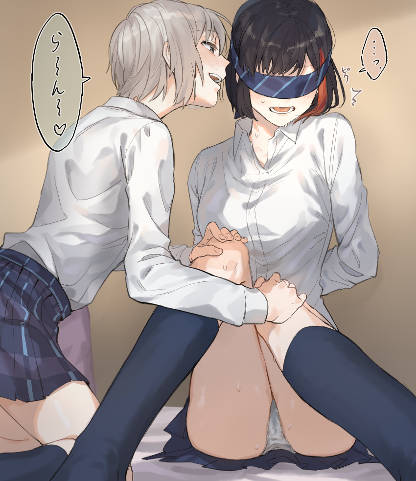 2girls aoba_moca assertive bang_dream! black_hair blindfold blush dress_shirt grey_hair hand_on_another's_leg kneehighs mitake_ran multicolored_hair multiple_girls open_mouth panties pantyshot redhead shirt short_hair streaked_hair sweat toukyuu underwear yuri