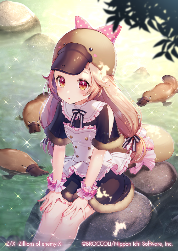 1girl :o animal_hat black_shirt black_skirt blush bow commentary_request copyright_name frilled_skirt frills fur-trimmed_skirt fur-trimmed_sleeves fur_trim hair_bow hat light_brown_hair long_hair looking_away momoshiki_tsubaki nail_polish official_art parted_lips pink_bow pink_nails platypus platypus_tail polka_dot polka_dot_bow red_eyes rock shirt short_sleeves skirt soaking_feet solo sparkle striped striped_bow tail very_long_hair water watermark wrist_cuffs z/x