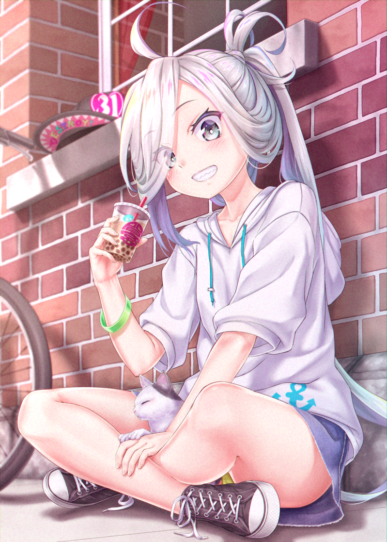 1girl 1other ahoge alternate_costume anchor_symbol asashimo_(kantai_collection) bicycle black_footwear blush brick_wall bubble_tea casual cat cat_on_lap cup denim denim_skirt disposable_cup drinking_straw eyes_visible_through_hair full_body gotou_hisashi grey_hair grin ground_vehicle hair_over_one_eye holding holding_cup hood hooded_sweater hoodie indian_style kantai_collection long_hair long_sleeves looking_at_viewer no_socks panties ponytail sharp_teeth shoes short_sleeves silver_hair sitting skirt smile sneakers sweater teeth underwear white_sweater window yellow_panties