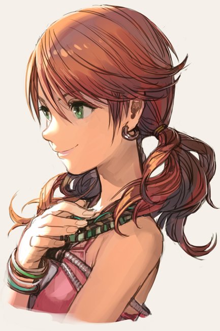 1girl closed_mouth earrings final_fantasy final_fantasy_xiii green_eyes hankuri jewelry looking_away medium_hair oerba_dia_vanille redhead short_twintails simple_background smile solo twintails