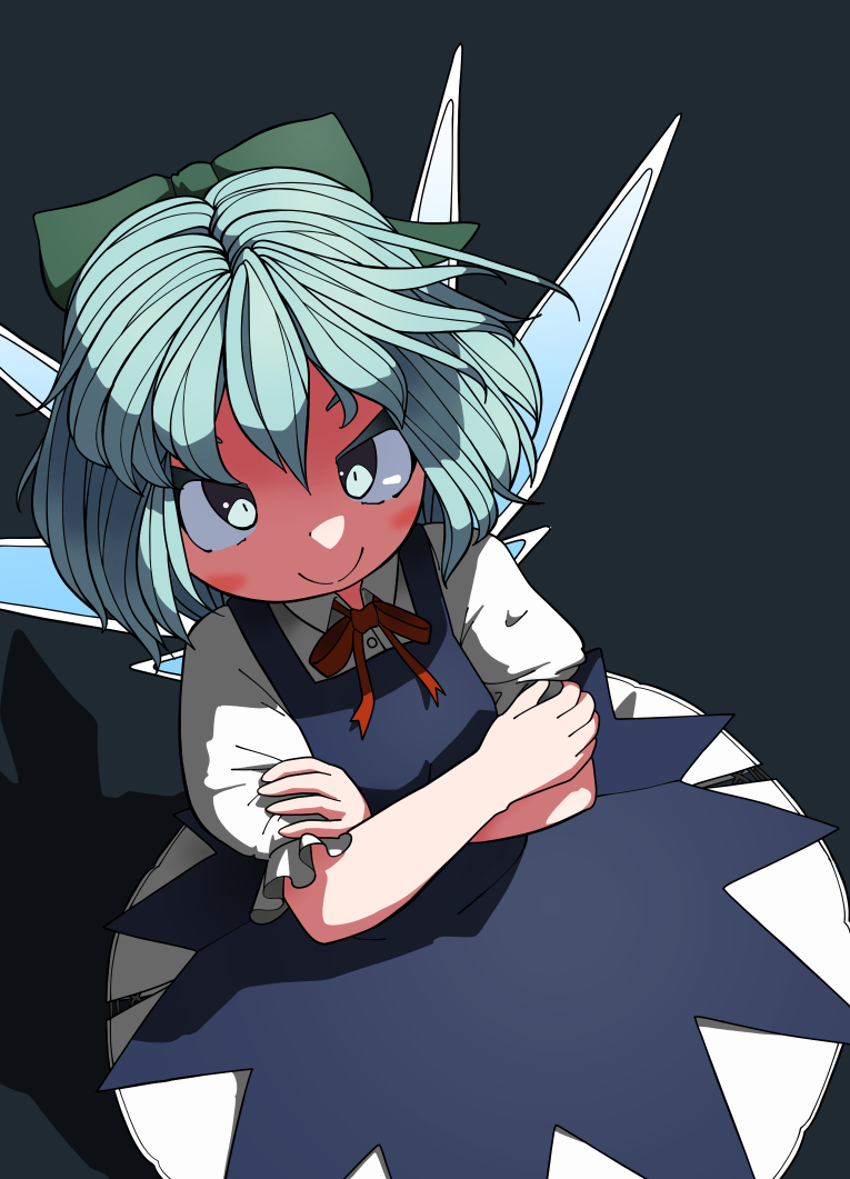 1girl black_background blue_eyes blue_hair blush bow cirno cowboy_shot crossed_arms green_bow hair_between_eyes huxiao_(mistlakefront) ice ice_wings looking_at_viewer puffy_short_sleeves puffy_sleeves ribbon shadow short_hair short_sleeves smile solo touhou wings