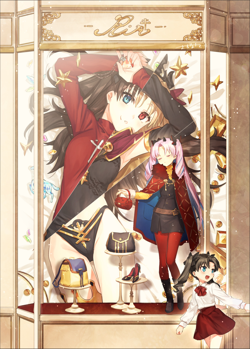 3girls armpits arms_up bag bangs belt bikini black_bikini_bottom black_bow black_dress black_footwear black_hair blonde_hair blue_eyes blush boots bow breasts cape closed_eyes closed_mouth collared_shirt cross detached_collar display dress dress_shirt ereshkigal_(fate/grand_order) fate/grand_order fate/stay_night fate_(series) fur-trimmed_cape fur_trim gem gold_trim hair_bow handbag high_heels highleg highleg_bikini horns ishtar_(fate)_(all) jewelry knee_boots light_blue_hair long_hair long_sleeves looking_at_viewer lying medium_breasts multicolored_hair multiple_girls multiple_persona necklace on_back parted_bangs parted_lips pendant pink_hair red_bow red_cape red_eyes red_legwear red_skirt red_sweater sakanahen shirt single_thighhigh skirt skull smile space_ishtar_(fate) spine sweater swimsuit thigh-highs thighs toosaka_rin two-tone_hair two_side_up white_shirt window younger