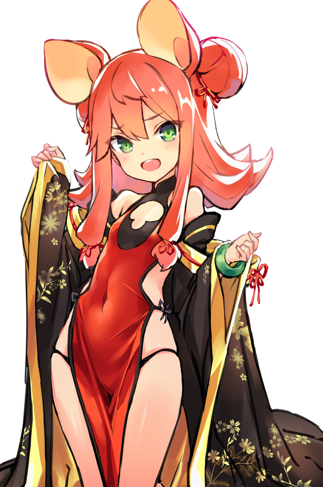 1girl alternate_costume alternate_hairstyle animal_ears ash_arms breasts china_dress chinese_clothes commentary_request dress green_eyes hair_ornament looking_at_viewer maus_(ash_arms) medium_hair mouse_ears open_mouth panties redhead simple_background small_breasts solo underwear white_background