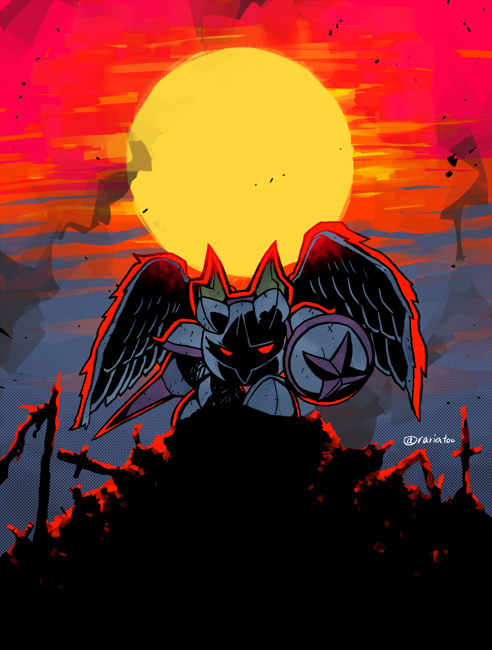 angel_wings galacta_knight greaves highres hill horns kirby_(series) looking_at_viewer mask pauldrons polearm rariatto_(ganguri) red_eyes shield smoke spear sunset sword weapon wings