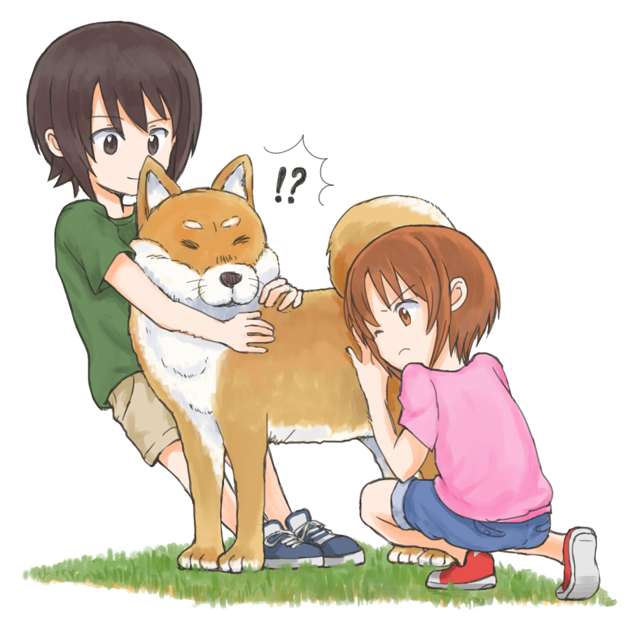 !? 2girls bangs blue_footwear blue_shorts brown_eyes brown_hair brown_shorts closed_mouth commentary dog frown girls_und_panzer grass green_shirt multiple_girls mutsu_(layergreen) nishizumi_maho nishizumi_miho one_eye_closed pink_shirt pulling pushing red_footwear shiba_inu shirt shoes short_hair short_sleeves shorts siblings sisters smile sneakers squatting standing straight-laced_footwear t-shirt white_background younger