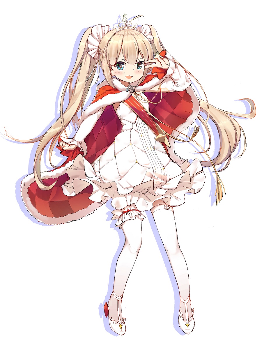 1girl amazon_(azur_lane) anchor_symbol azur_lane blonde_hair blue_eyes blush cape dress hair_ornament highres long_hair looking_at_viewer open_mouth simple_background solo thesdroz thigh-highs tiara twintails v white_background