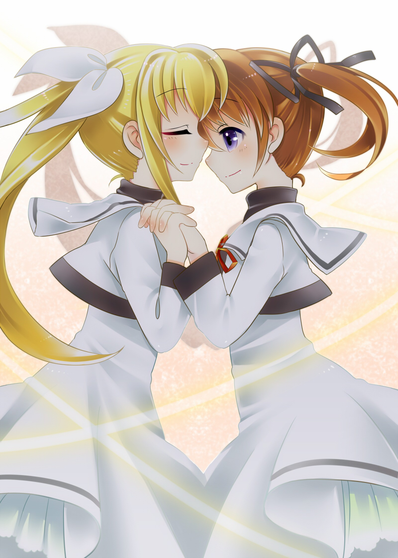 2girls black_ribbon blonde_hair blush brown_hair closed_eyes couple fate_testarossa hair_ribbon happy holding_hands imminent_kiss interlocked_fingers lyrical_nanoha mahou_shoujo_lyrical_nanoha mahou_shoujo_lyrical_nanoha_a's merue multiple_girls neck_ribbon red_ribbon ribbon school_uniform short_twintails simple_background smile takamachi_nanoha twintails uniform violet_eyes white_ribbon yellow_background yuri