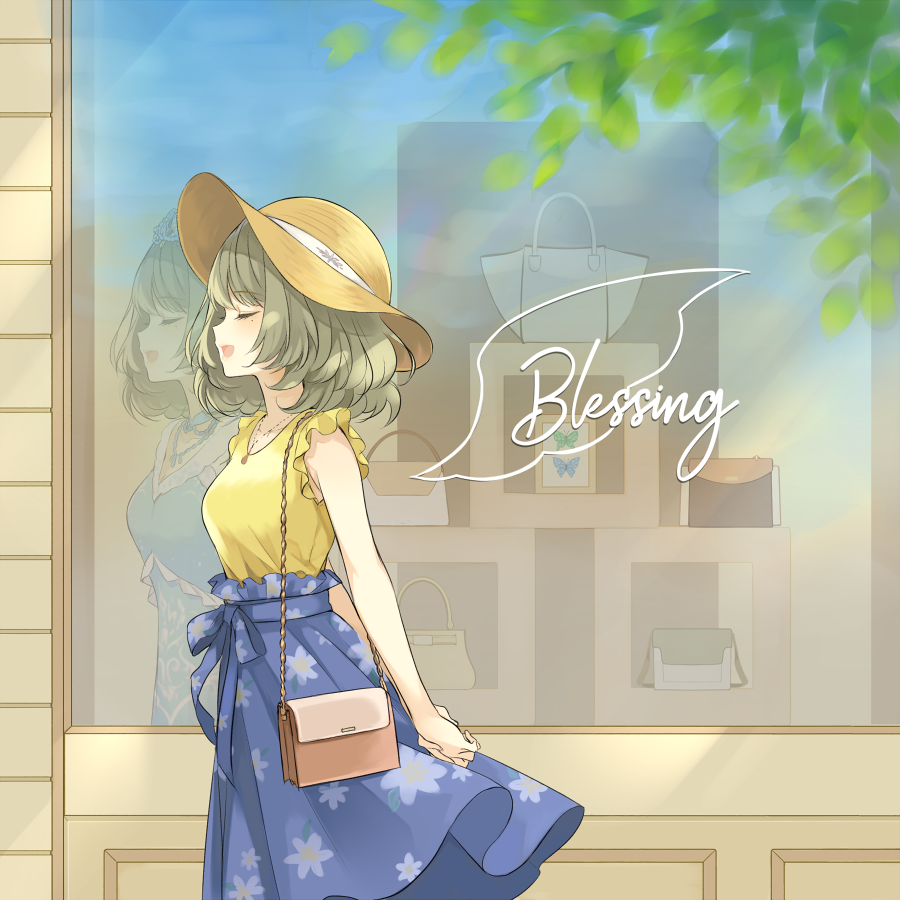 1girl arms_behind_back bag blue_dress blue_skirt bug butterfly choker closed_eyes collarbone dress eyebrows_visible_through_hair floral_print frill_trim green_hair handbag hands_together hat idolmaster idolmaster_cinderella_girls insect jewelry leaf long_skirt medium_hair mole mole_under_eye necklace open_mouth outdoors picture_frame q-v_(levia) reflection shirt shop skirt smile storefront sun_hat takagaki_kaede tiara wind wind_lift window yellow_shirt