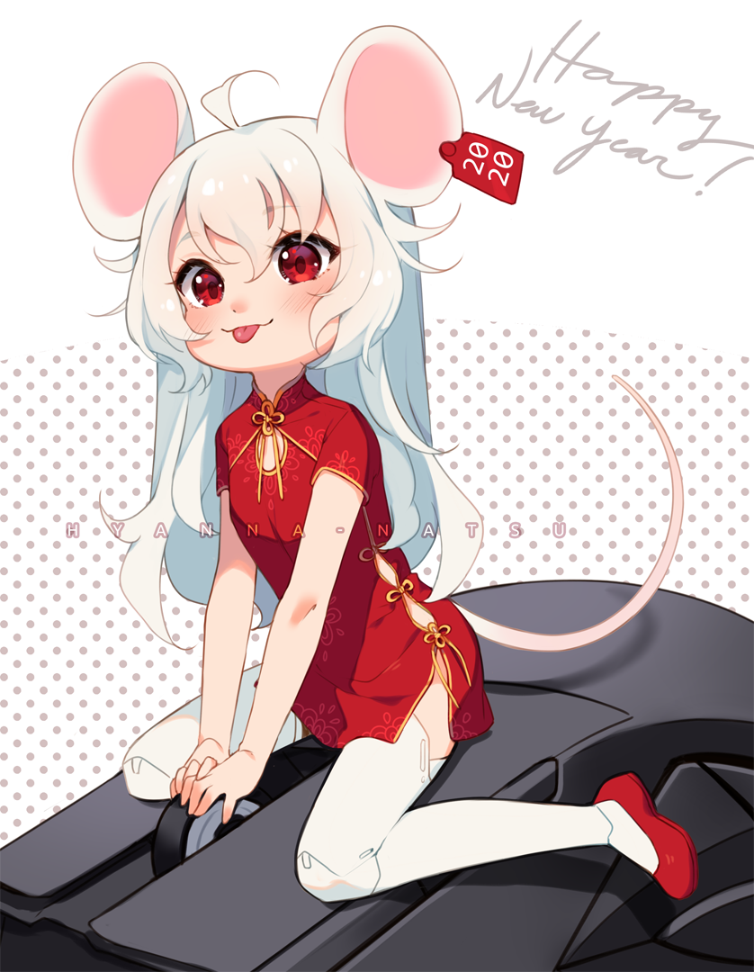 1girl :p ahoge animal_ears artist_name bangs blush china_dress chinese_clothes chinese_zodiac closed_mouth commentary dress ear_tag english_commentary eyebrows_visible_through_hair full_body hair_between_eyes happy_new_year hyanna-natsu long_hair mechanical_legs minigirl mouse_(computer) mouse_ears mouse_girl mouse_tail new_year original polka_dot polka_dot_background red_dress red_eyes red_footwear robot_joints shoes short_sleeves sitting smile solo tail thigh-highs tongue tongue_out very_long_hair wariza watermark white_background white_hair white_legwear year_of_the_rat