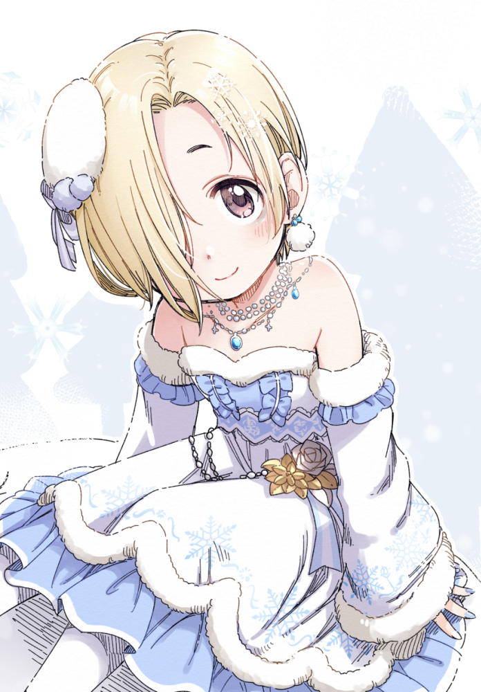 1girl bangs bare_shoulders blonde_hair blue_nails blush bow breasts child detached_sleeves dress earrings feet_out_of_frame flower frilled_dress frilled_sleeves frills fur_trim hair_bow hair_ornament hair_over_one_eye idolmaster idolmaster_cinderella_girls jewelry looking_at_viewer multiple_necklaces necklace parted_bangs pearl_necklace pendant pink_eyes ribbon rose shirasaka_koume short_hair sitting sleeves_past_wrists small_breasts smile snowflake_background snowflake_print solo strapless strapless_dress tube_dress white_flower white_legwear white_rose yellow_flower yukie_(kusaka_shi)