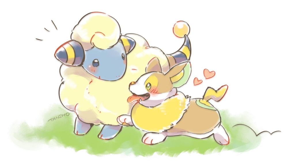 blush creature dog fangs full_body gen_2_pokemon gen_8_pokemon grass heart mareep pokemon pokemon_(creature) sheep smile standing tansho walking yamper