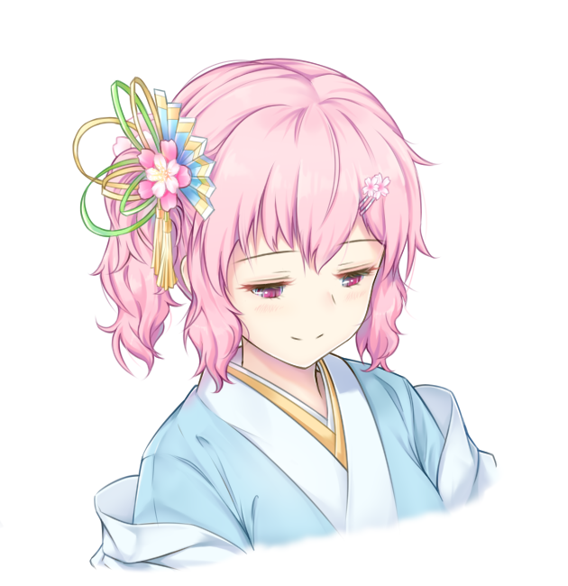 1girl alternate_hairstyle bangs blue_kimono blush commentary_request cropped_torso flower hair_ornament hairclip half-closed_eyes japanese_clothes kimono no_hat no_headwear pink_eyes pink_flower pink_hair saigyouji_yuyuko short_hair side_ponytail sidelocks simple_background smile solo touhou upper_body vh(yuv-achi)