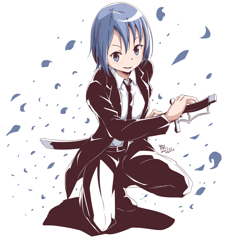 1girl belt black_neckwear blue_eyes blue_hair jacket looking_at_viewer mahou_shoujo_madoka_magica miki_sayaka mr_nini necktie one_knee sheath short_hair smirk solo sword unsheathing weapon white_background