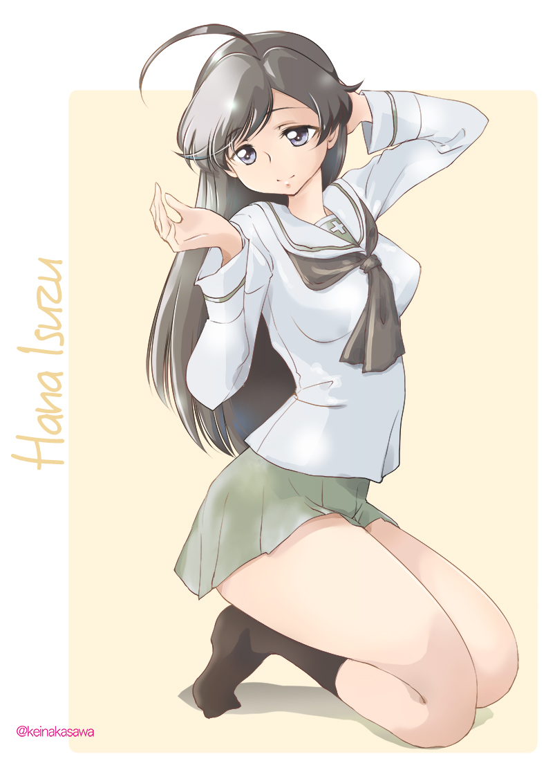 1girl ahoge bangs black_eyes black_hair black_legwear black_neckwear blouse character_name closed_mouth commentary from_side full_body girls_und_panzer green_skirt hand_on_own_head head_tilt isuzu_hana kneeling long_hair long_sleeves looking_at_viewer miniskirt nakasawa_kei neckerchief ooarai_school_uniform outside_border pleated_skirt school_uniform serafuku shadow skirt smile socks solo twitter_username white_blouse yellow_background