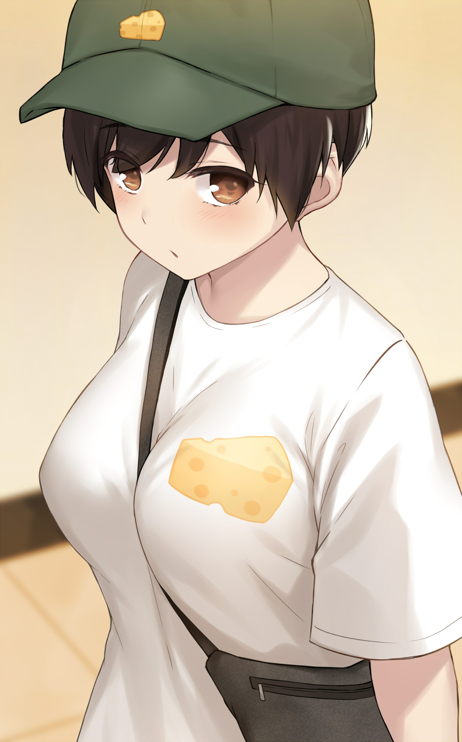 1girl bag bangs between_breasts blush breasts brown_eyes brown_hair cccpo cheese commentary_request eyebrows_visible_through_hair food green_headwear highres large_breasts looking_at_viewer original shirt short_hair short_sleeves strap_between_breasts tomboy white_shirt