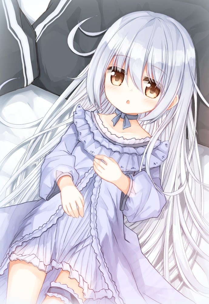 1girl :o bangs bed_sheet blush brown_eyes collarbone commentary_request dress dutch_angle eyebrows_visible_through_hair hair_between_eyes long_hair long_sleeves looking_at_viewer lying on_back original parted_lips pillow puffy_long_sleeves puffy_sleeves purple_dress silver_hair solo very_long_hair wide_sleeves yuuhagi_(amaretto-no-natsu)